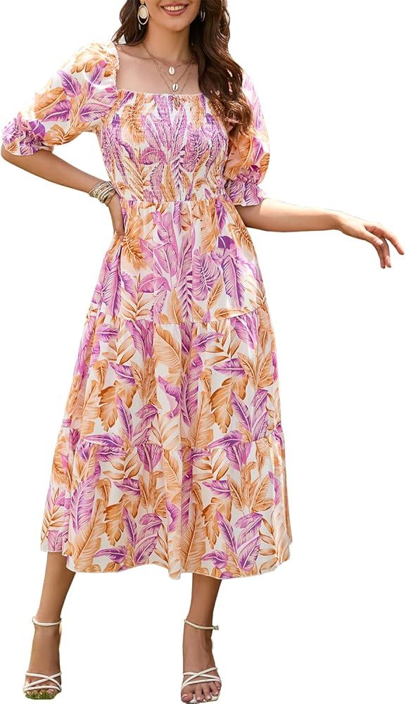 Sissyaki Women's Square Neck Tiered Long Dress Short Sleeve High Waist Smocked Midi Dress | Amazon (US)