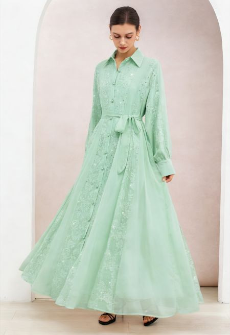 Sequin Floral Embroidery Chiffon Panel Buttoned Maxi Dress in Mint for Weddings & Evening Events | Chicwish
