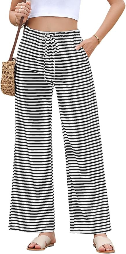 EVALESS Wide Leg Pants for Women Drawstring Elastic Waist Stripe Ribbed Sweatpants with Pockets | Amazon (US)