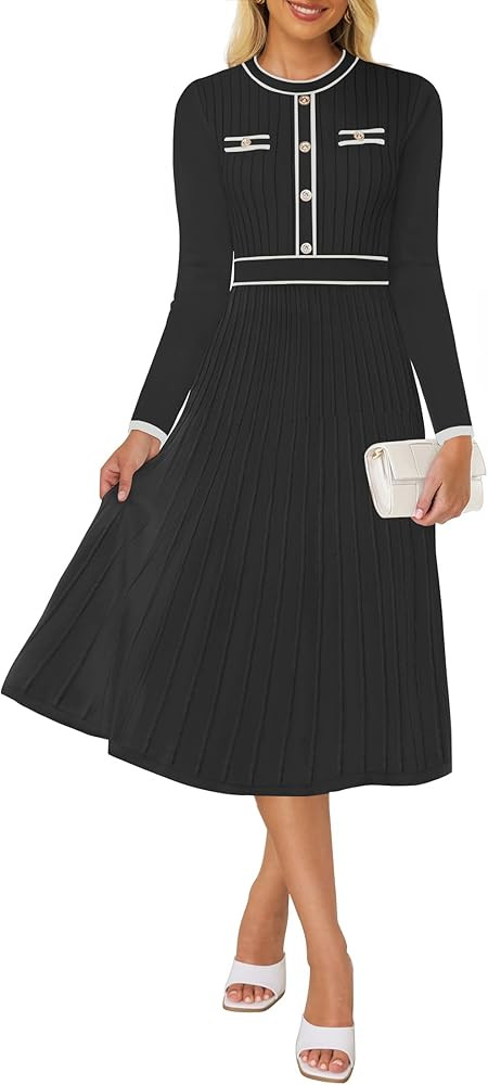 ZESICA Women's 2024 Fall Pleated Sweater Dress Long Sleeve Crewneck Ribbed Knitted Midi Dresses | Amazon (US)