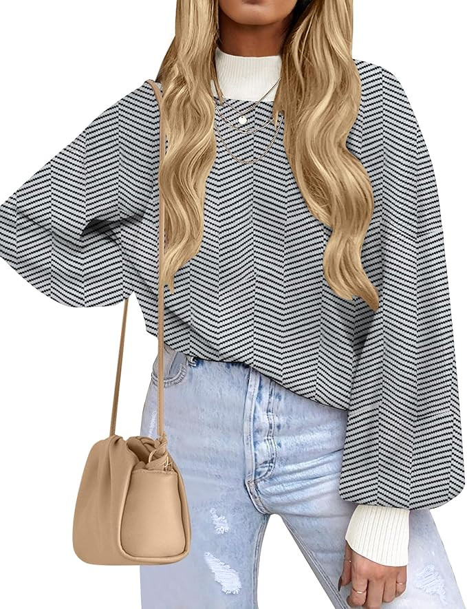 ZESICA Women's 2023 Fall Fashion Turtleneck Long Sleeve Striped Ribbed Knit Loose Pullover Sweate... | Amazon (US)