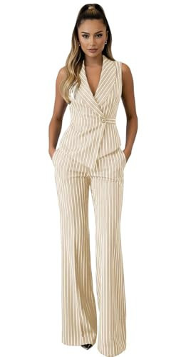 RIULOES Champagne Womens Suit Slim Fit Pinstripe Pants Suits for Women Dressy V Neck Vest and Pants Casual Womens 2 Piece Outfits Size X-Large | Amazon (US)