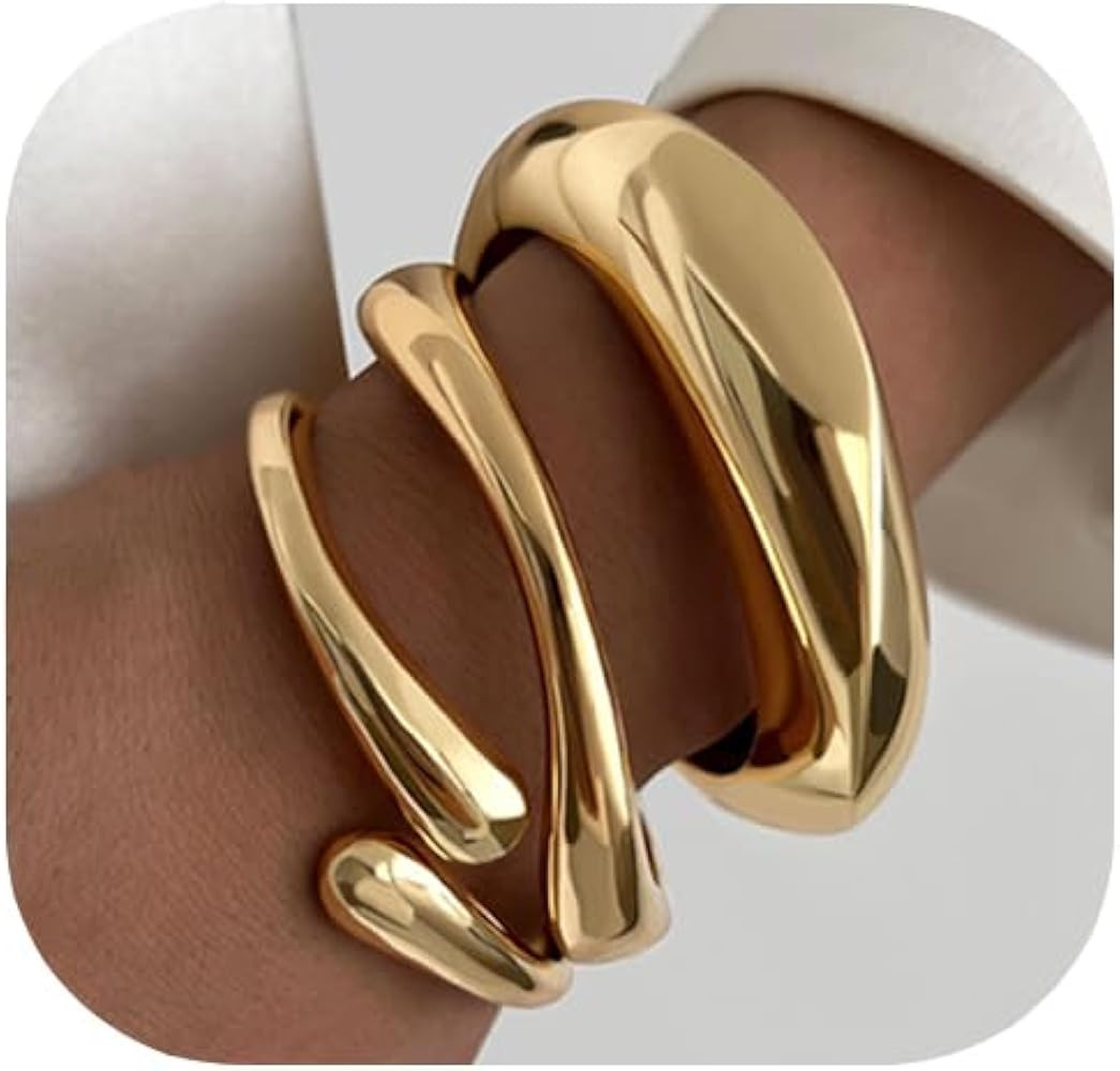 Chunky Gold Bangle Bracelets for Women, Dainty 14k Gold Plated Big Stackable Bangles Set, Trendy ... | Amazon (US)