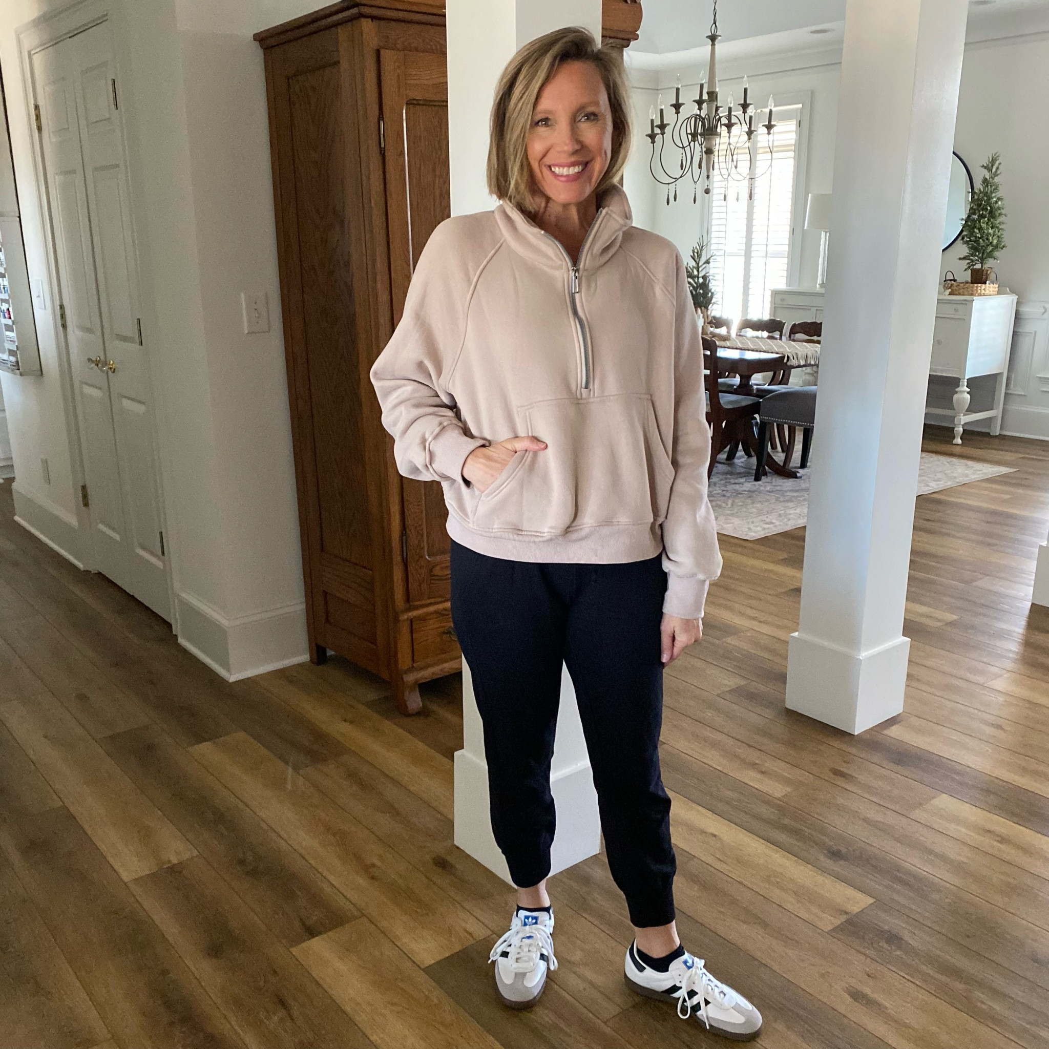 Maybe once the cold is gone I’ll be inspired to wear something other than athleisure. For now, it’s working for me. 
Sized up one size one size on the pullover. Oh, loving these new shoes! I believe they’ll go with so much!

#LTKstyletip #LTKover40 #LTKSeasonal