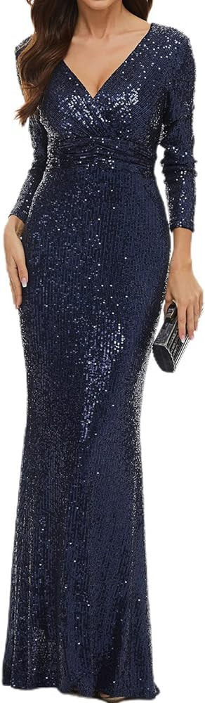 Jdlsppl Women's Long Sleeve Prom Dress Elegant Formal Mermaid Evening Gown Wedding Party Ruched V... | Amazon (US)