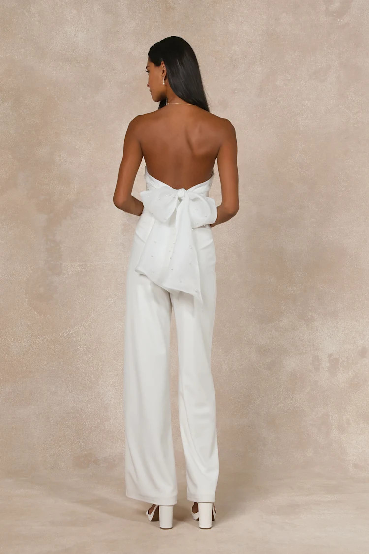 Marvelous Glow White Strapless Pearl Tie-Back Jumpsuit | Lulus