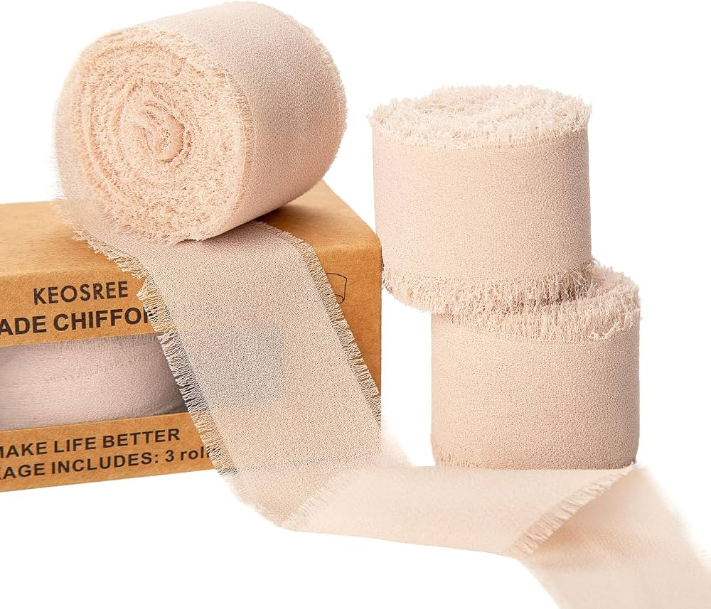 3 Rolls Light Nude Handmade Chiffon Ribbon,1.5" x 21Yd Frayed Fringe Silk Ribbons (3 Rolls *7Yd) ... | Amazon (US)