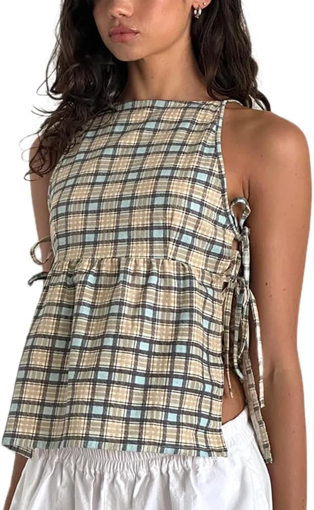 Women Y2k Babydoll Tank Top Cute Tie Up Front Sleeveless Peplum Top Vintage Plaid Cami Tops Coque... | Amazon (US)