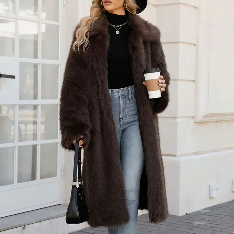 Women's Luxury Long Fluffy Faux Fur Coats, Lapel Shaggy Furry Winter Jackets Long Sleeve Fuzzy Wa... | Walmart (US)