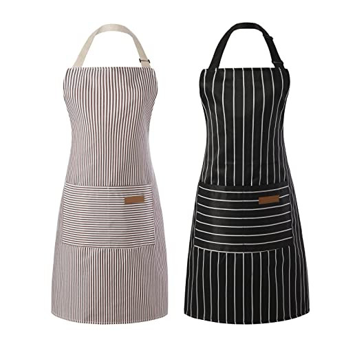 Tosewever 2 Pieces Kitchen Cooking Aprons, Cotton Polyester Blend Adjustable Bib Aprons with 2 Pockets for Women Men Chef Chef (Black/Brown Stripes, 2) | Amazon (US)