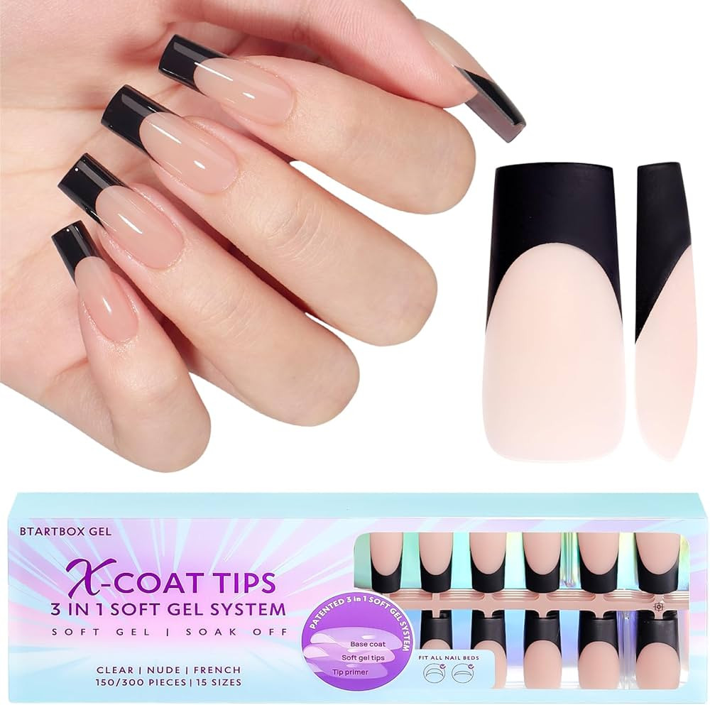 btartboxnails Black French Tip Gel Nails, 300pcs Nude Long Square Gel Nail Tips, Black French Tip... | Amazon (US)