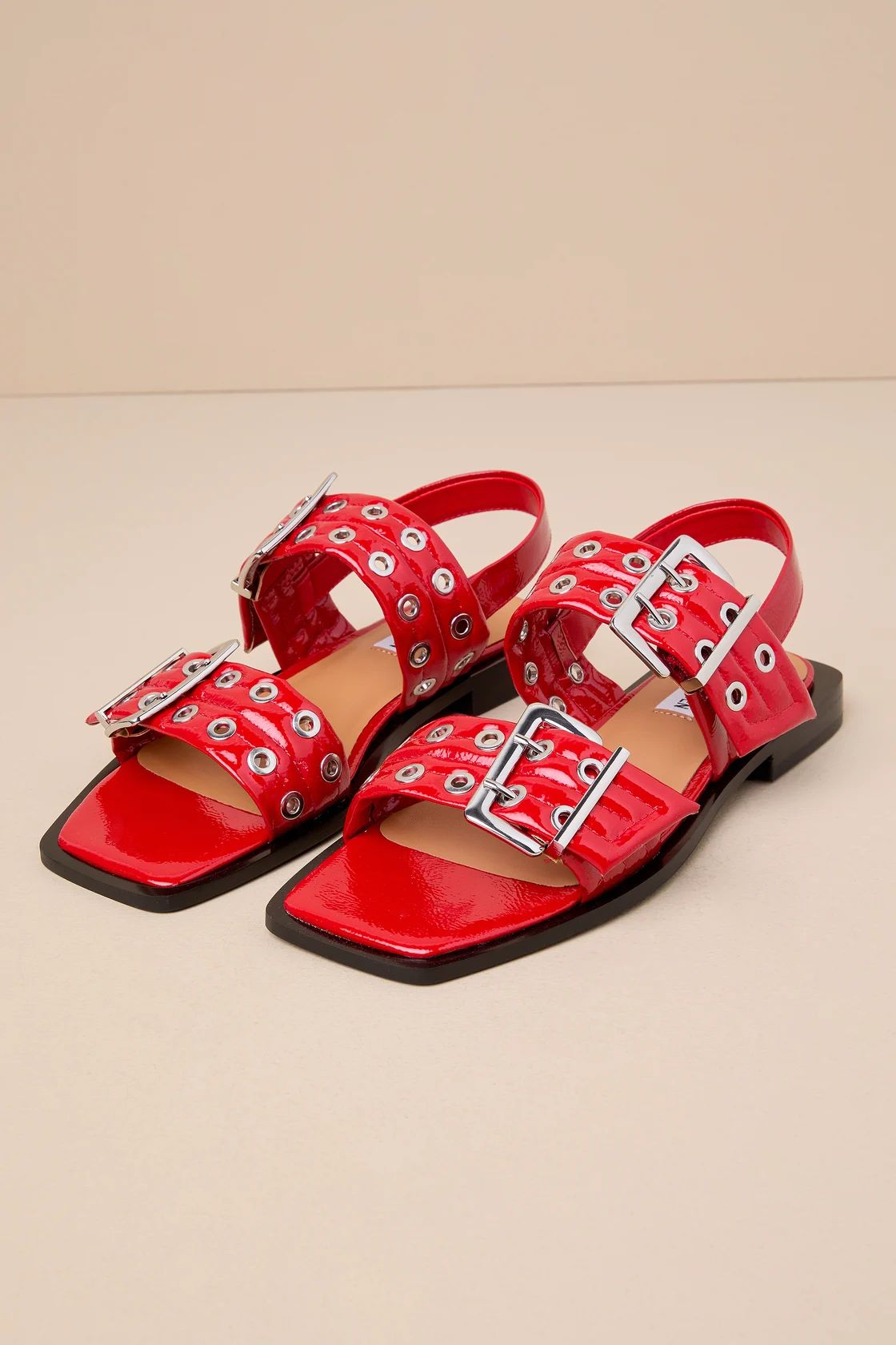 Sandria Red Patent Studded Buckle Slingback Sandals | Lulus