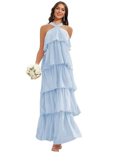 Light Blue Halter A-Line Chiffon Tiered Bridesmaid Dress Long Ruffled Sleeveless Wedding Guest Dress Maxi Formal Dress | Amazon (US)