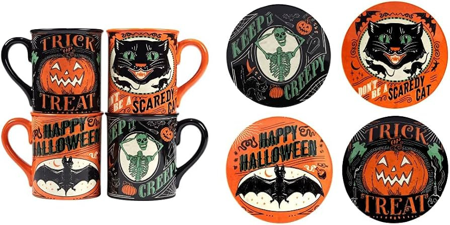 Certified International Scaredy Cat 18 oz. Mugs (Set of 4) and 6" Canape Plates (Set of 4) Assort... | Amazon (US)