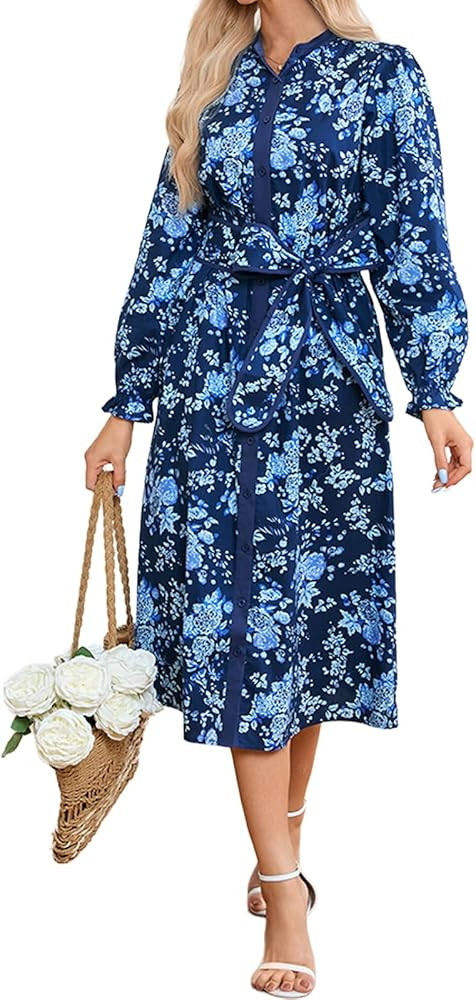 Women Floral Midi Dress Long Sleeve Button Down Shirt Dress with Belt | Amazon (US)