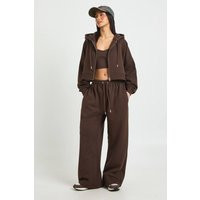 boohoo Women's Petite Seam Detail Crop Top 3 Piece Hooded Tracksuit in Chocolate | Size: Small | Knitted | boohoo (US & Canada)