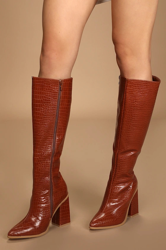 Rozalia Camel Crocodile-Embossed Knee-High Boots | Lulus
