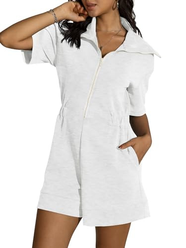 Amazon.com: OSTAUG Women's Rompers Short Sleeve Athletic Romper Zip Jumpsuit with Pockets Spring ... | Amazon (US)