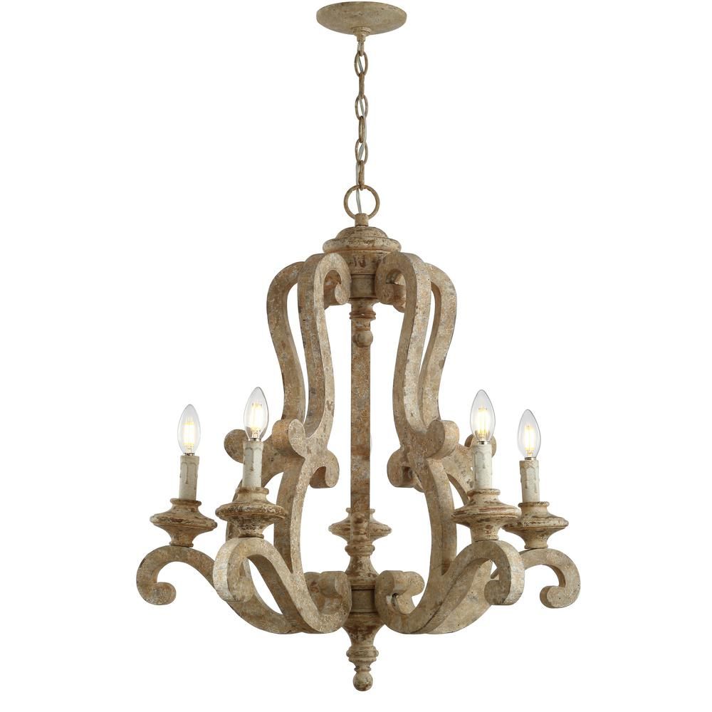 JONATHAN Y Oria 5-Light 27 in. Adjustable Brown Wood/Iron Rustic Scrolled LED Chandelier | The Home Depot