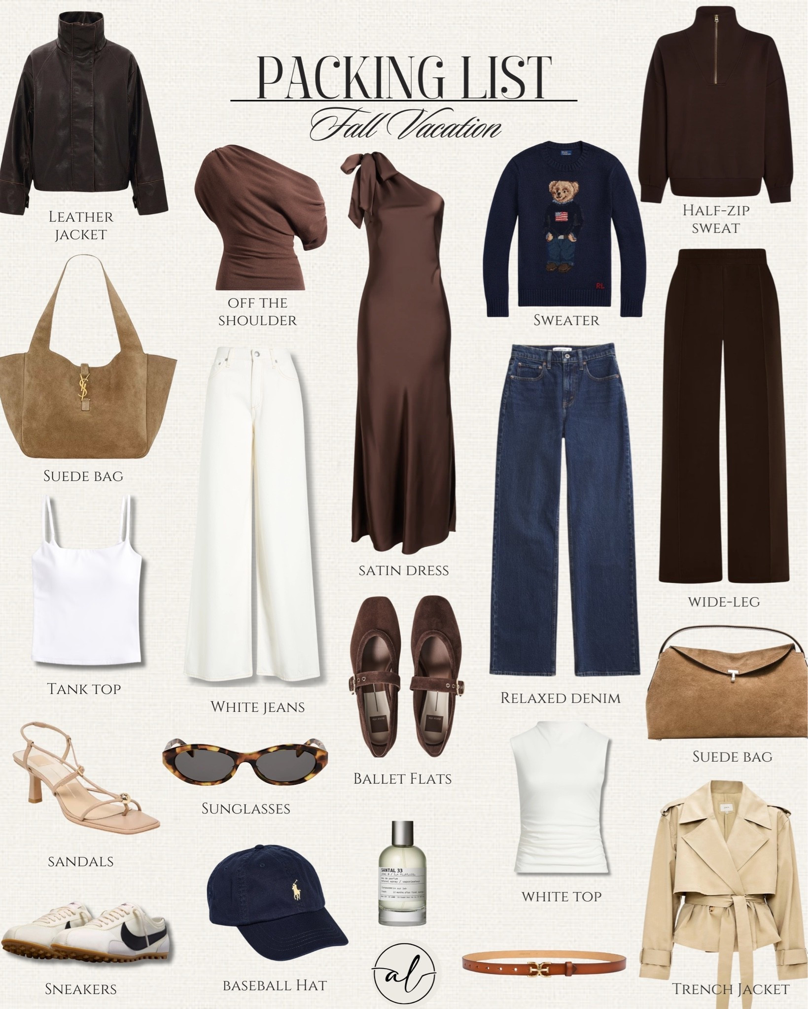 Packing list for a fall vacation 
Leather jacket, half zip sweater, sweater, dress, trench jacket, denim, bags, and accessories.

#LTKU #LTKSeasonal #LTKootd