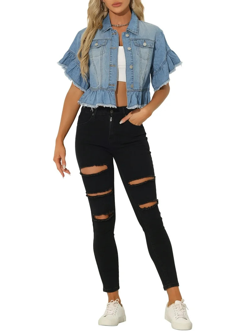 Allegra K Denim Tops for Women's Ruffled Short Sleeve Lightweight Jean  Peplum Hem Jean Shirt | Walmart (US)