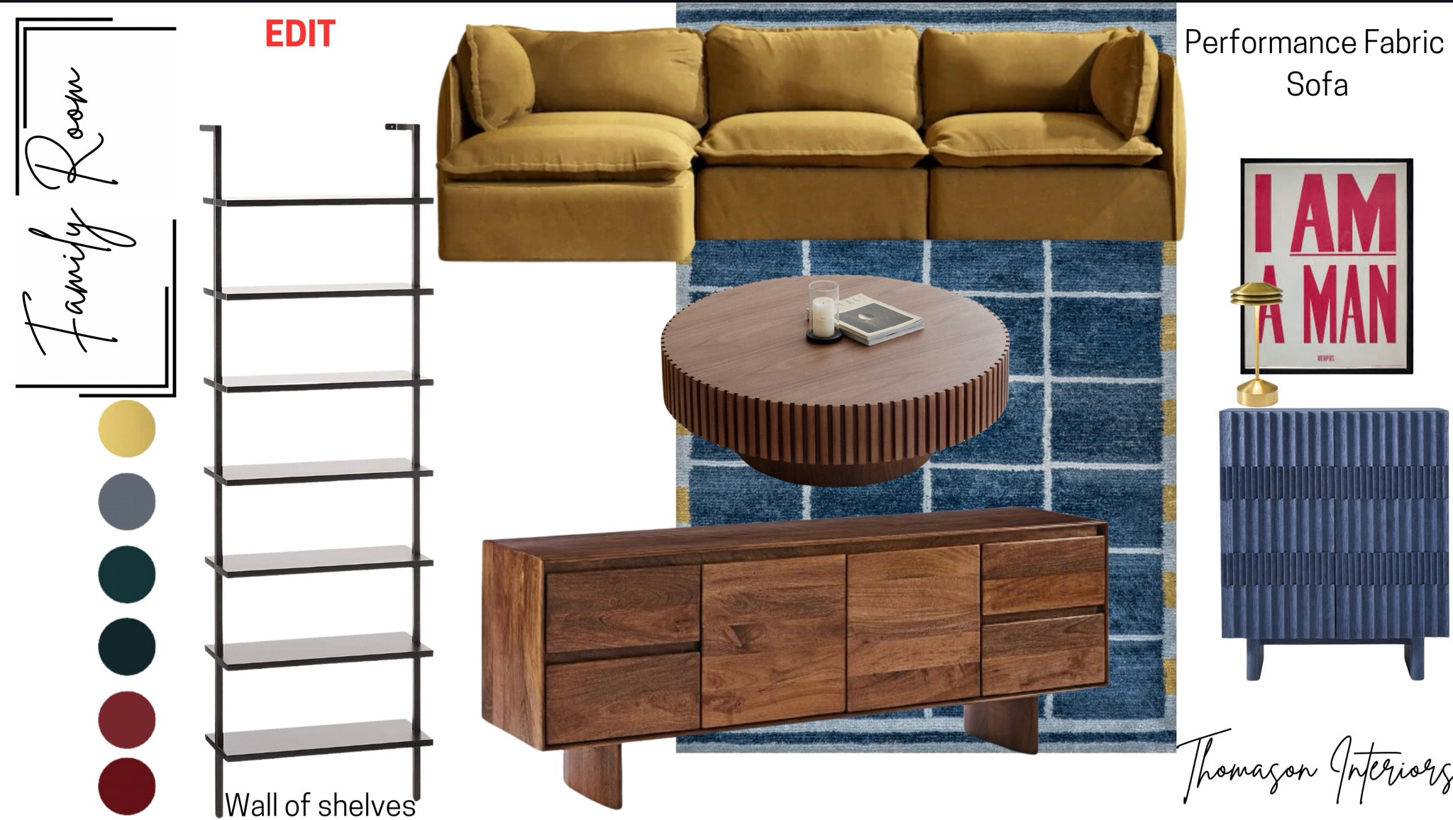 Colorful sofa, performance fabric, round coffee table, console, ladder shelf, rug, small cabinet, family room 

#LTKFamily #LTKHome #LTKStyleTip