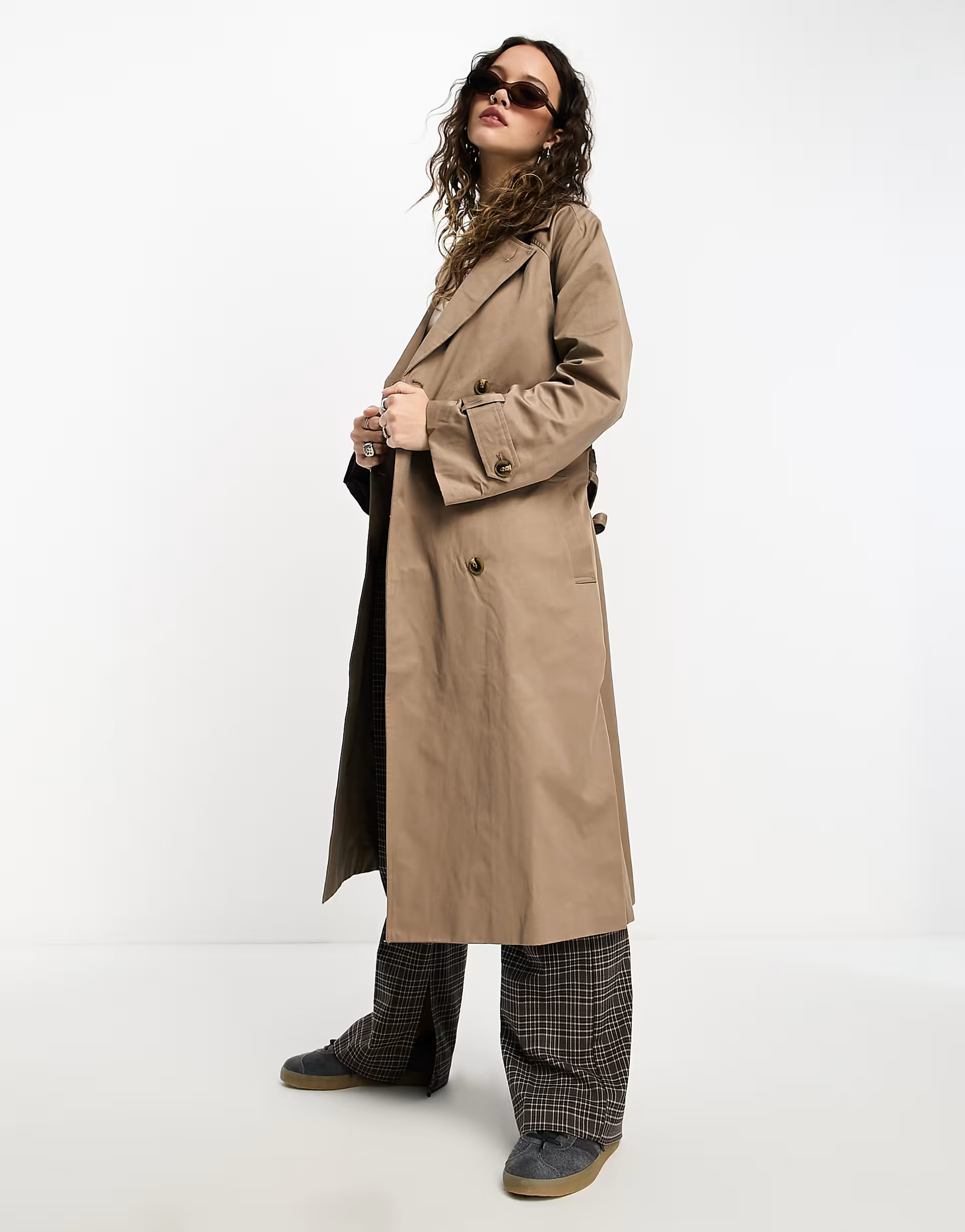 Object cotton blend tie waist trench coat in brown | ASOS (Global)