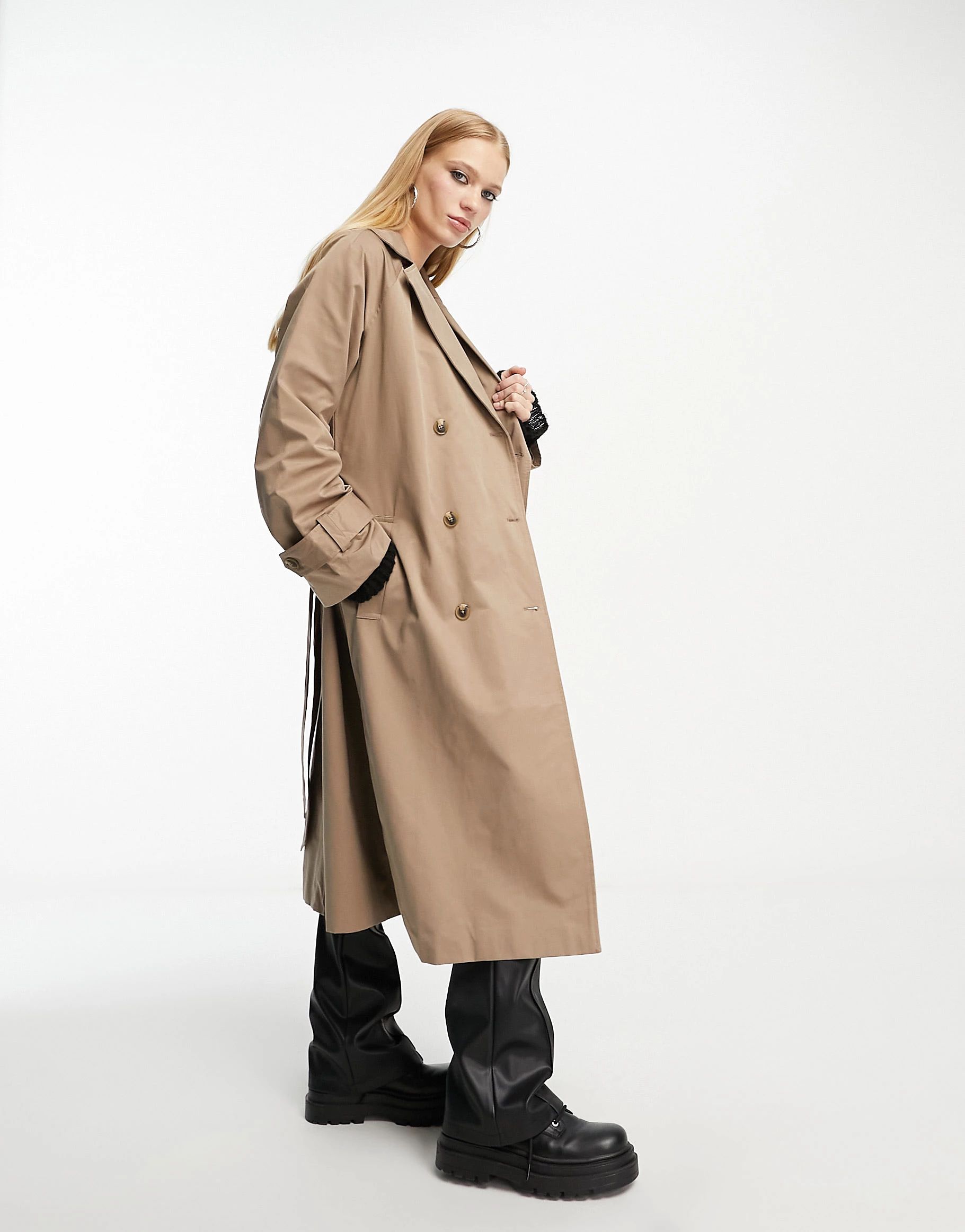 Object cotton blend tie waist trench coat in brown | ASOS (Global)