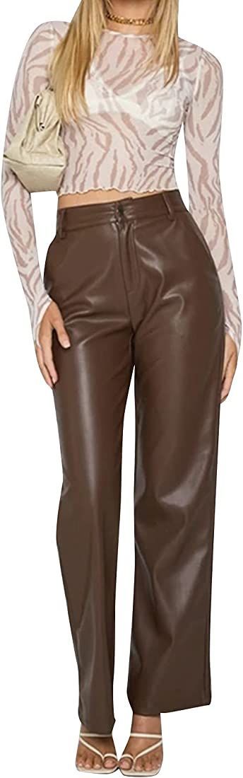 Biivrii Women Faux Leather Leggings Pants High Waist Straight Wide Leg PU Pleather Casual Solid T... | Amazon (US)