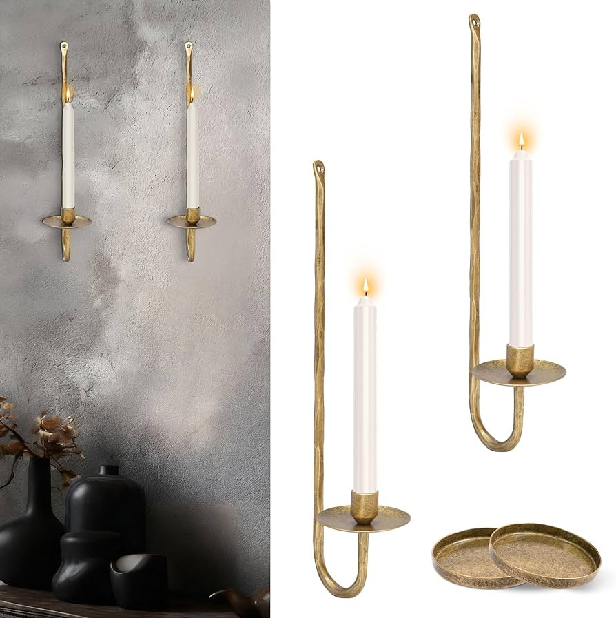 Wall Candle Sconces Set of 2 Metal Wall Candle Holders Hand-Forged Vintage Gold Solid Steel, Rust... | Amazon (US)