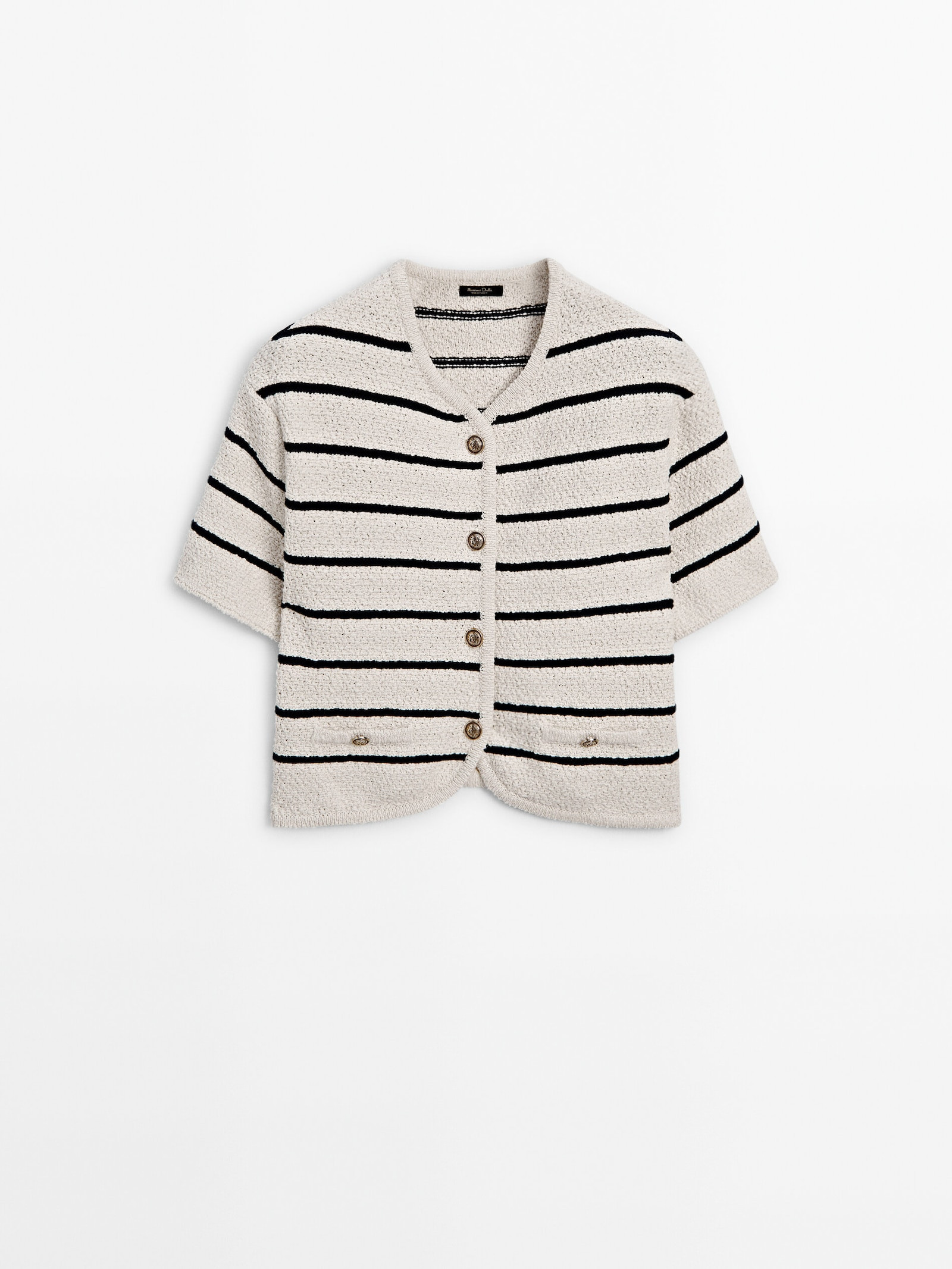 Striped short sleeve textured knit cardigan | Massimo Dutti US