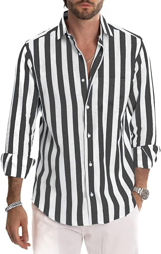 Gnvviwl Men's Casual Long Short Sleeve Button-Down Shirts Striped Cotton Dress Shirt with Pocket | Amazon (US)