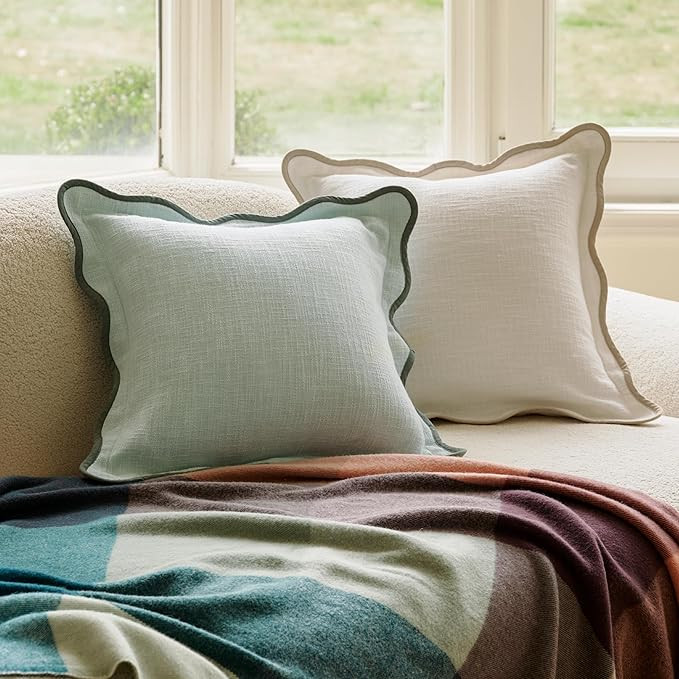 Double Stitch Scalloped Throw Pillow Covers - 100% Cotton Decorative Boho Pillow Covers 20 x 20, ... | Amazon (US)