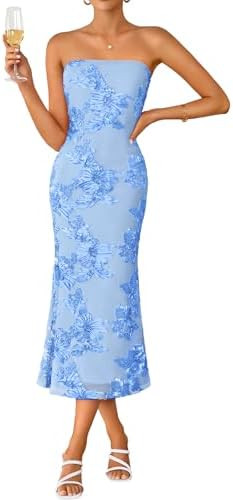 ZESICA Women's Summer Strapless Floral Midi Dress 2026 Bodycon Mesh Tube Wedding Guest Cocktail P... | Amazon (US)
