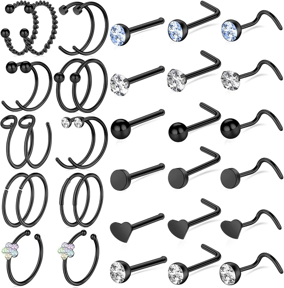 ONESING 9-40 Pcs 20G Nose Rings for Women Nose Piercings Jewelry Nose Rings Hoops L Shape Nose St... | Amazon (US)