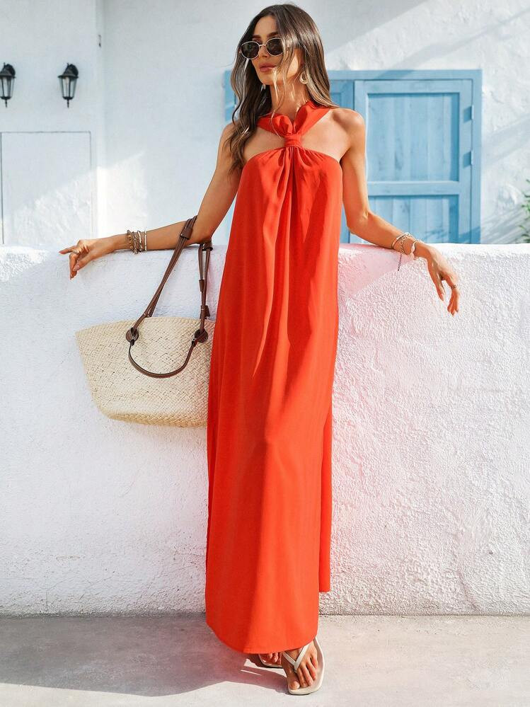 Vivid Eden Sleeveless Backless Side-Slit Beach Dress, Spring/Summer,Summer Maxi Dress Women, , Boho Dresses For Women, Summer Dresses For Women Vacation, Beach Dresses For Woman | SHEIN