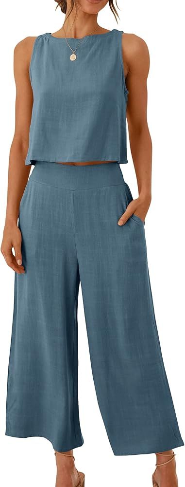  Women's Summer 2 Piece Outfits Sleeveless Crop Top Capri Wide Leg Pants Jumpsuit Linen L... | Amazon (US)