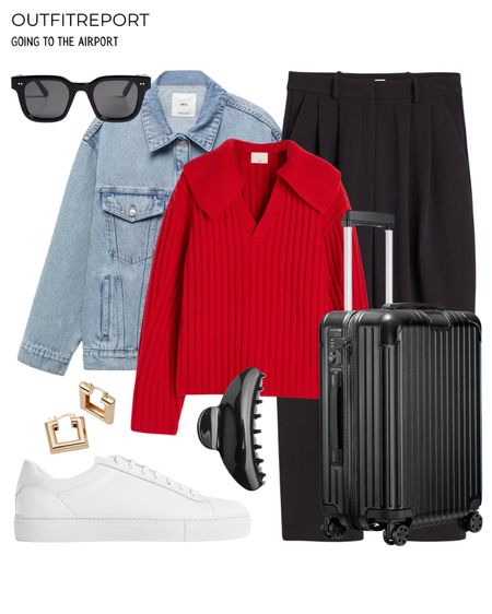 Black trousers red jumper knit denim jacket white trainers shoes sneakers travel suitcase airport outfit 

#LTKshoecrush #LTKitbag #LTKstyletip