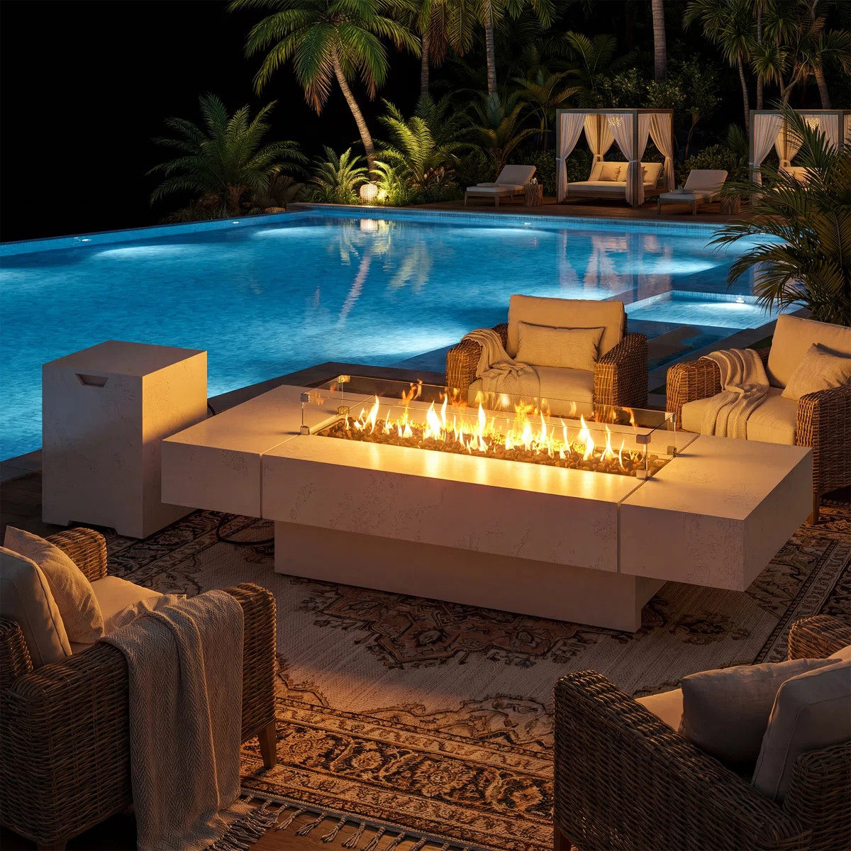 72" Outdoor Propane Fire Table – 60,000 BTU, White Stone-Look Finish, Detachable Tank Cabinet &... | Wayfair North America