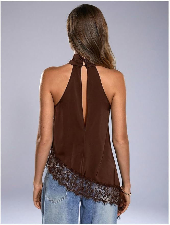Milumia Women's Halter Neck Top Lace Asymmetrical Hem Going Out Tank Tops | Amazon (US)