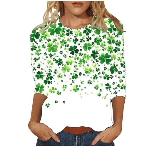 St Patricks Day Shirt Women Lucky Irish Shamrock Print Top Funny Cute 3/4 Sleeve Crewneck Fashion Clothes Plus Size | Amazon (US)