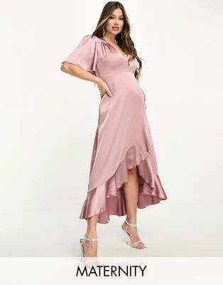 Flounce London Maternity wrap front satin midi dress with flutter sleeves in heather rose | ASOS (Global)