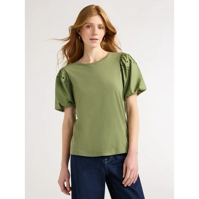 Free Assembly Women's T-Shirt with Embroidered Eyelet Sleeves, Sizes XS-XXL | Walmart (US)