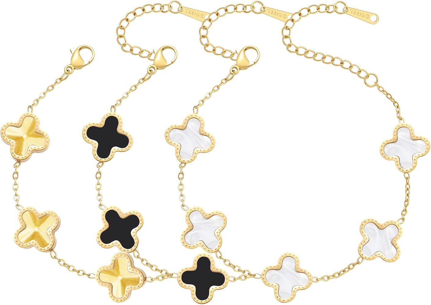 18K Gold Plated Gold/White/Black Clover Bracelet Set Four Leaf Lucky Bracelet for Women Four Leaf... | Amazon (US)
