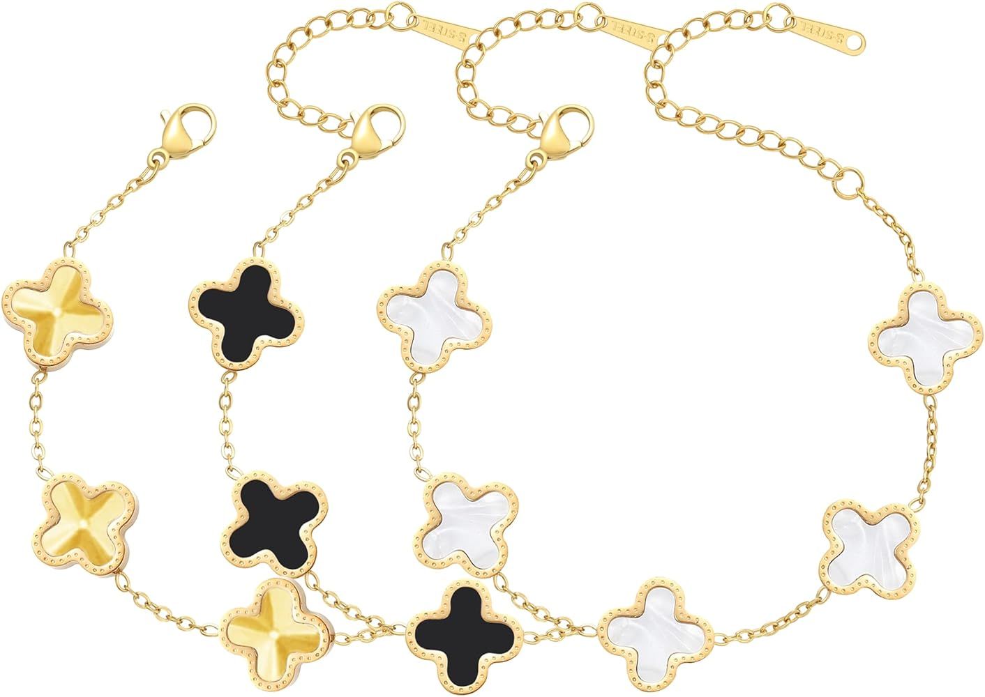 18K Gold Plated Gold/White/Black Clover Bracelet Set Four Leaf Lucky Bracelet for Women Four Leaf... | Amazon (US)