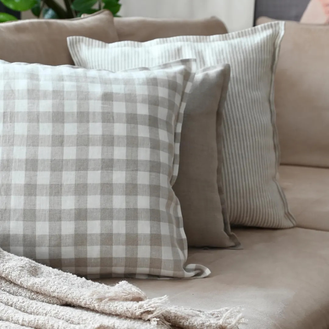Gingham Linen Pillow Cover with flange – Neutral Farmhouse Cushion Cover, Checkered Decorative ... | Etsy (US)
