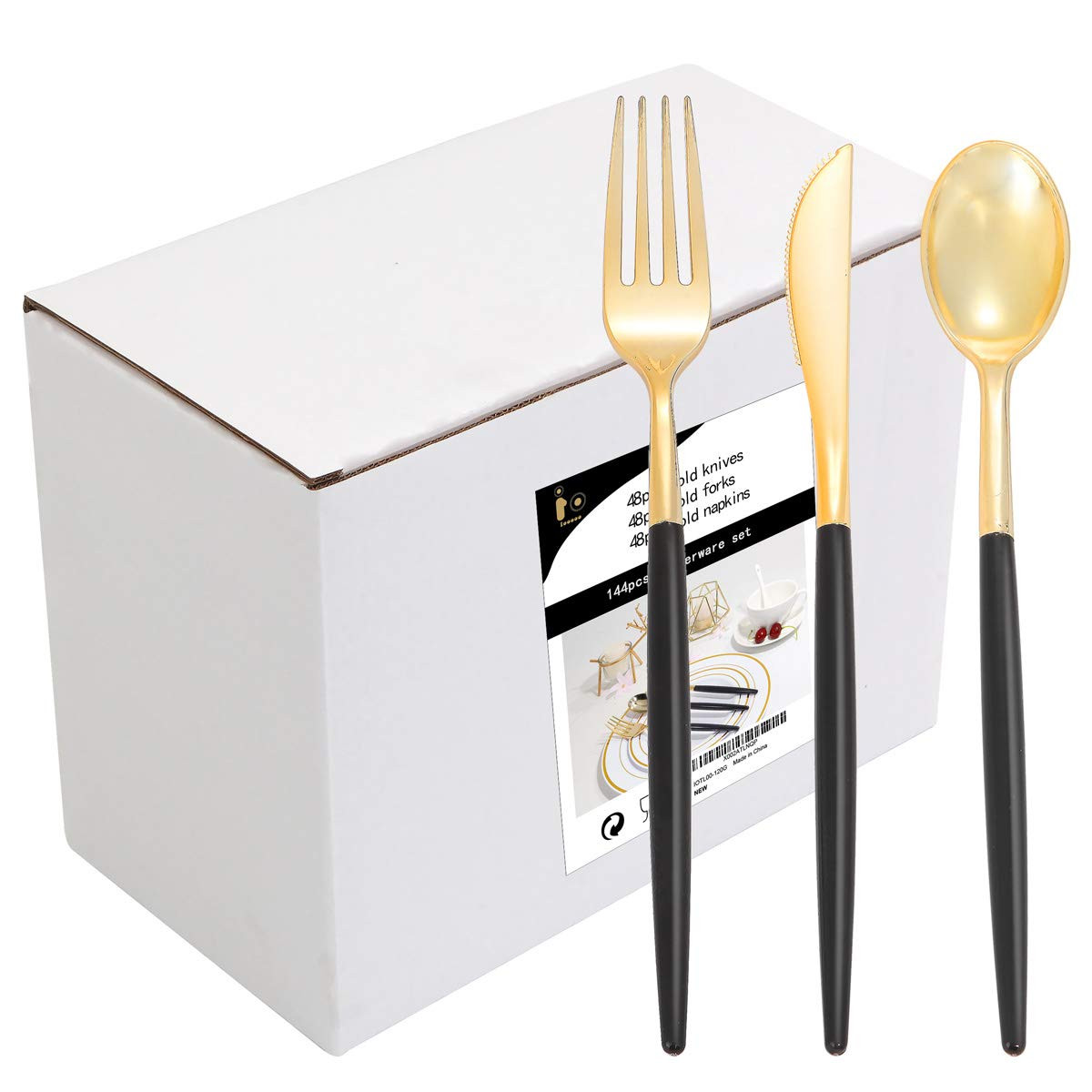 I00000 144 PCS Black Silverware Set, Plastic Silverware with Black Handle, Gold Plastic Cutlery I... | Amazon (US)