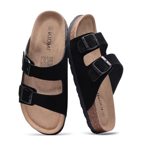 KIDMI Women's Genuine Suede Sandals Cork Footbed Summer Adjustable Slide Sandals, Black 42 (size 10.5) | Amazon (US)