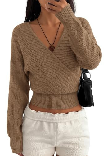 BTFBM Wrap Cross Ribbed Knit Cropped Sweaters for Women 2026,Camel,L | Amazon (US)