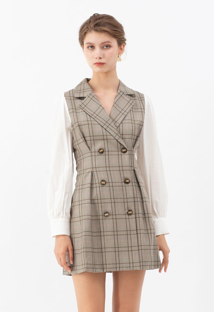 Contrast Sleeves Double-Breasted Grid Blazer Dress | Chicwish